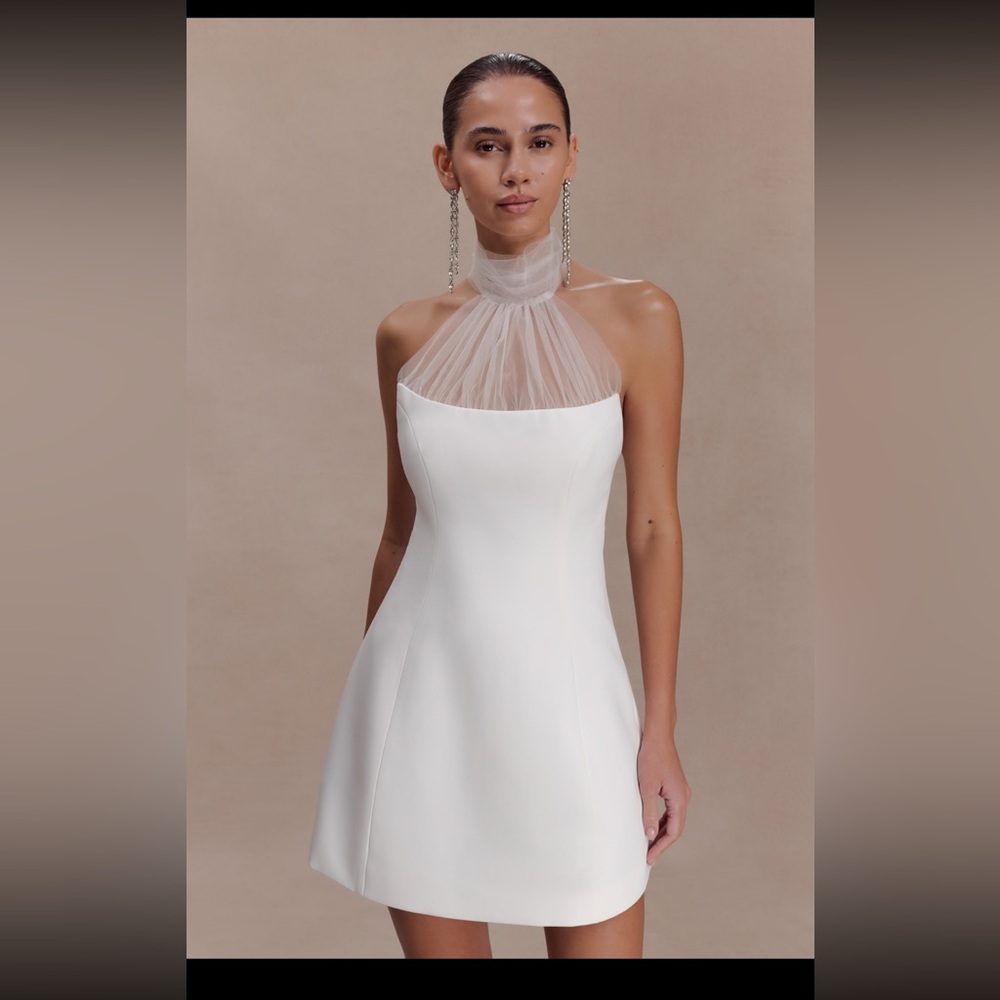 Meshki White Strapless Mini Dress with Sheer Halter Neck